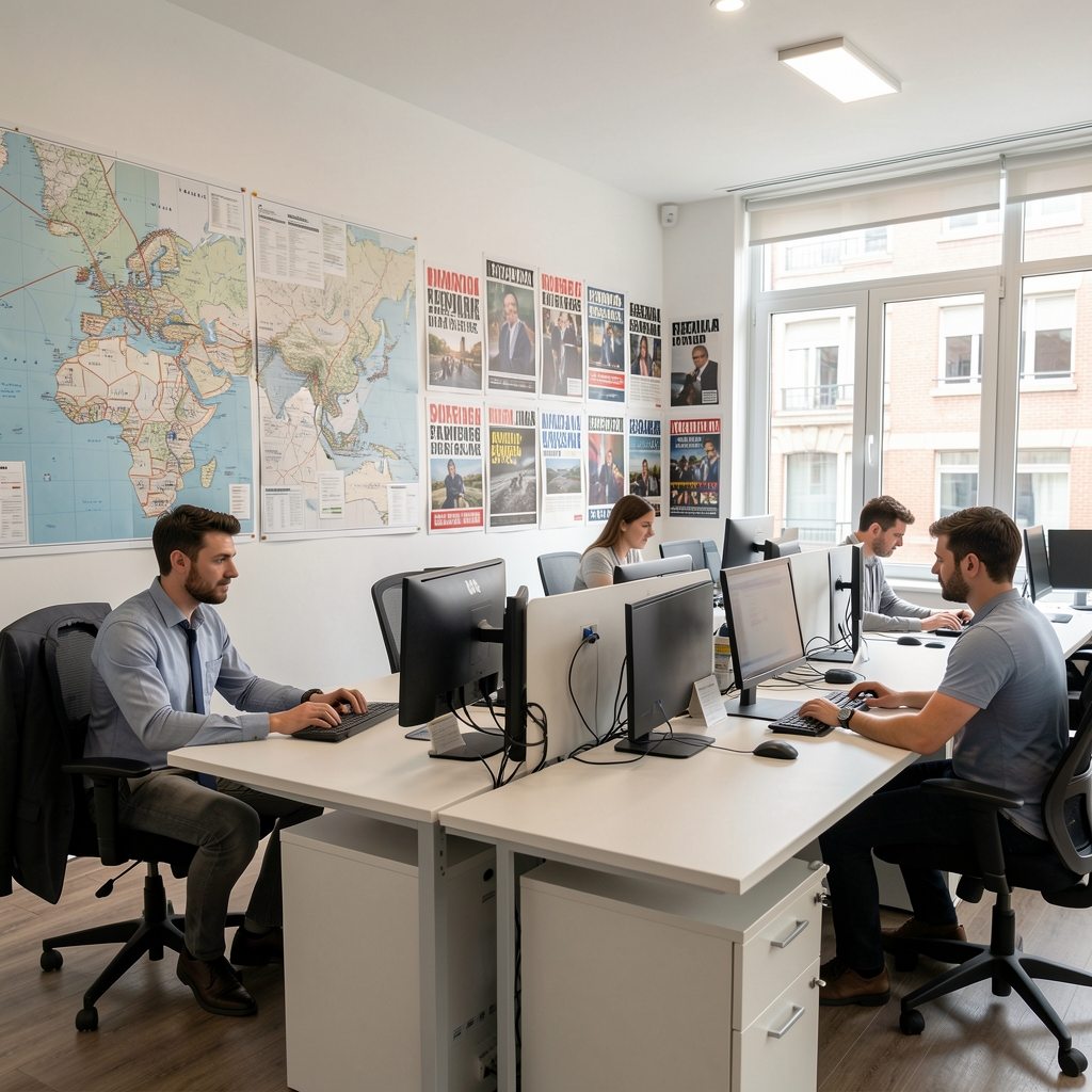 Oficina editorial moderna de un medio de comunicación con periodistas trabajando en sus computadoras, paredes con mapas y titulares, ambiente profesional y luminoso