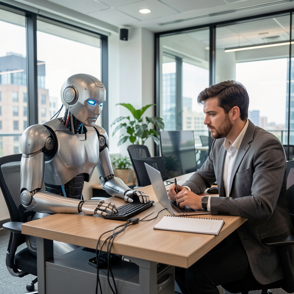 Robot y humano trabajando juntos en una redacción periodística moderna, metáfora de inteligencia artificial en medios
