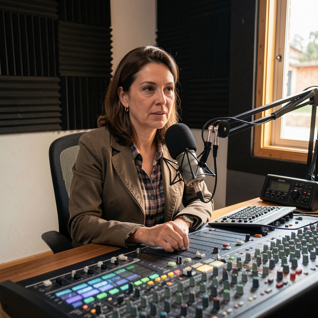 Periodista de radio comunitaria en estudio pequeño de provincia argentina, micrófono y consola de audio