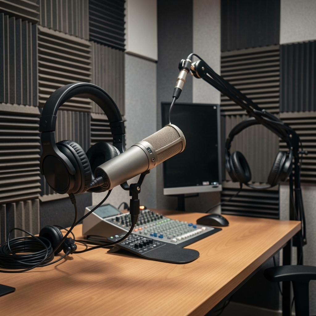 Estudio de grabación de podcast periodístico con micrófono profesional, auriculares y tratamiento acústico de paredes