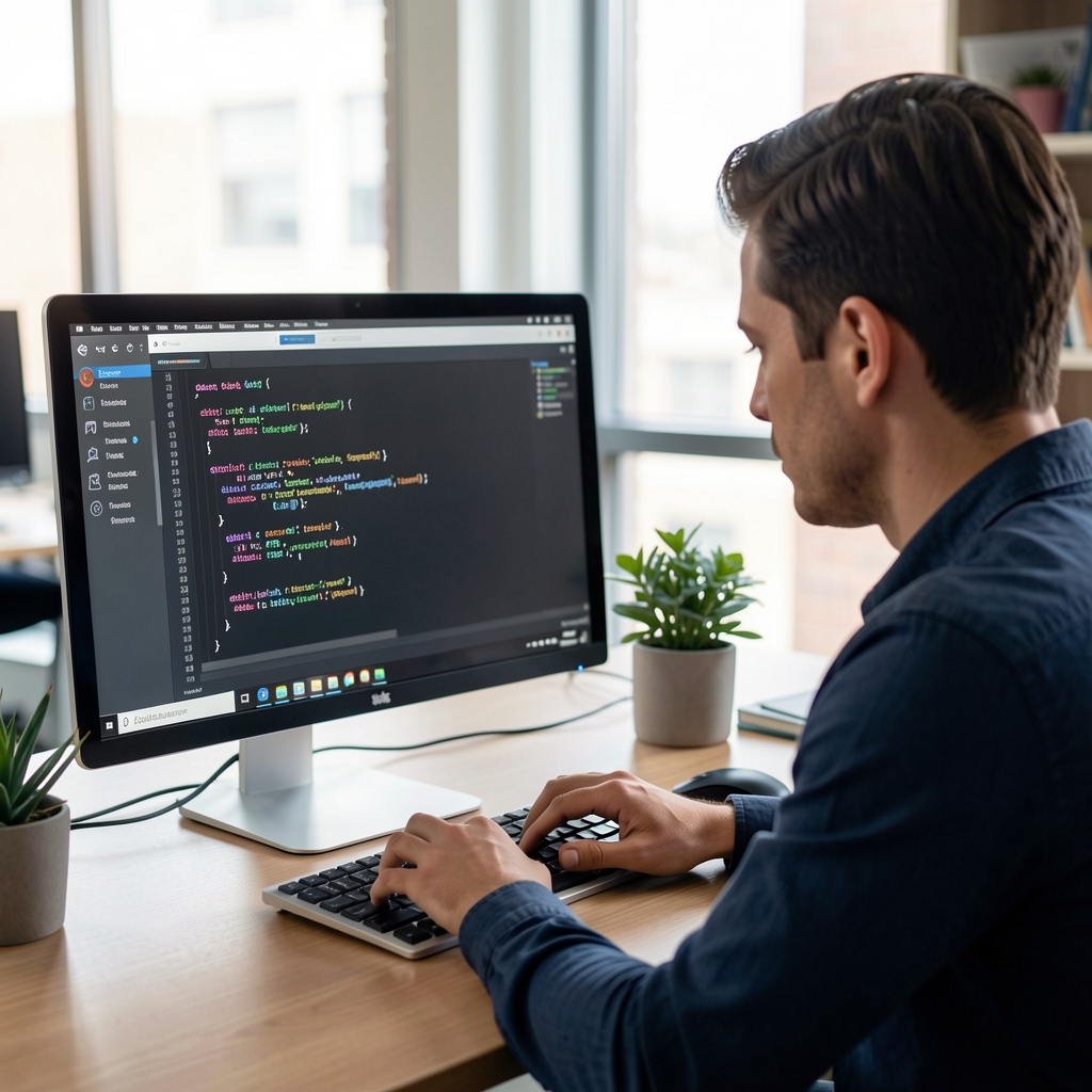 Periodista revisando código Python en su pantalla durante una sesión de análisis de datos