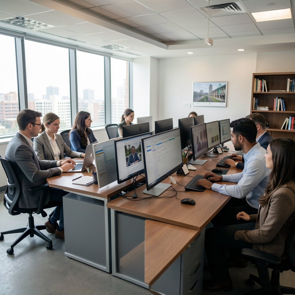 Sala de redacción moderna con monitores y periodistas trabajando en reportajes de investigación