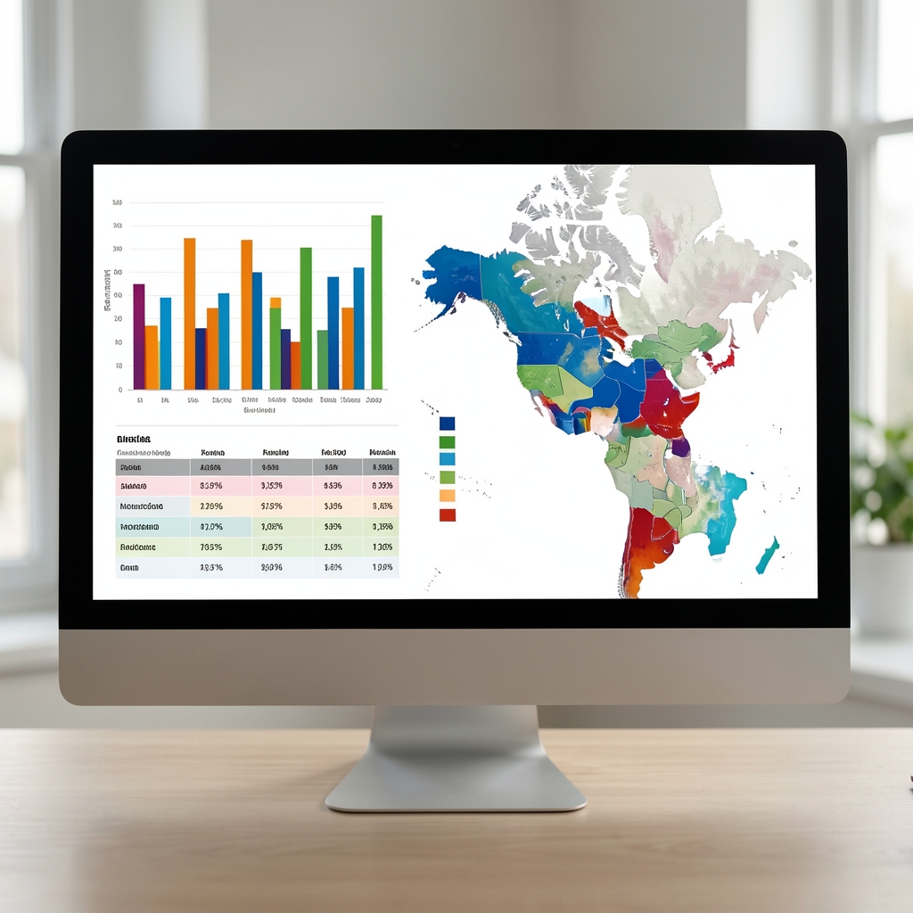 Pantalla de computadora mostrando gráficos de datos periodísticos: barras de colores, tablas de cifras y mapas coropletas sobre el ecosistema mediático argentino