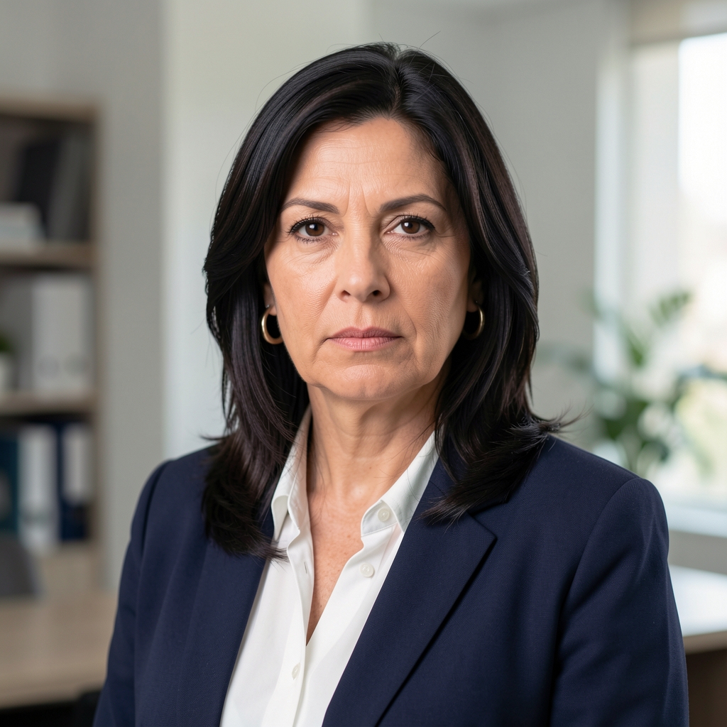 Retrato profesional de mujer periodista argentina de unos 45 años, cabello oscuro, expresión seria y confiada, fondo neutro de oficina