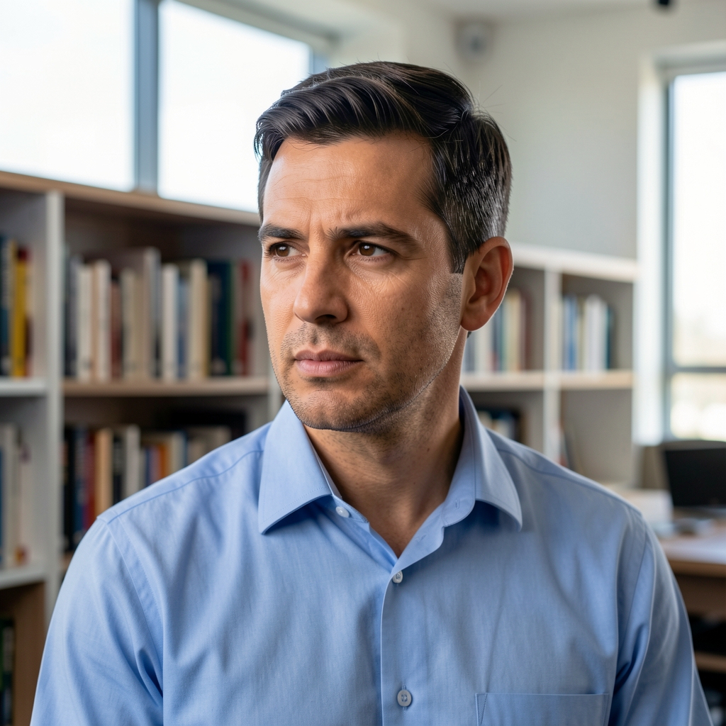 Retrato profesional de hombre periodista argentino de unos 38 años, camisa azul, expresión reflexiva, ambiente de oficina moderna con libros al fondo