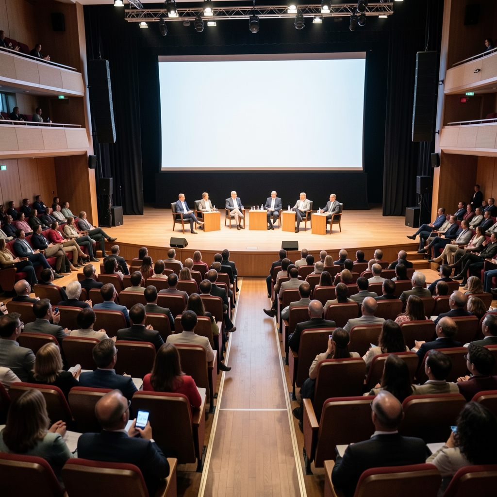 Auditorio lleno durante una conferencia de periodismo con ponentes en el escenario y pantalla de presentación al fondo