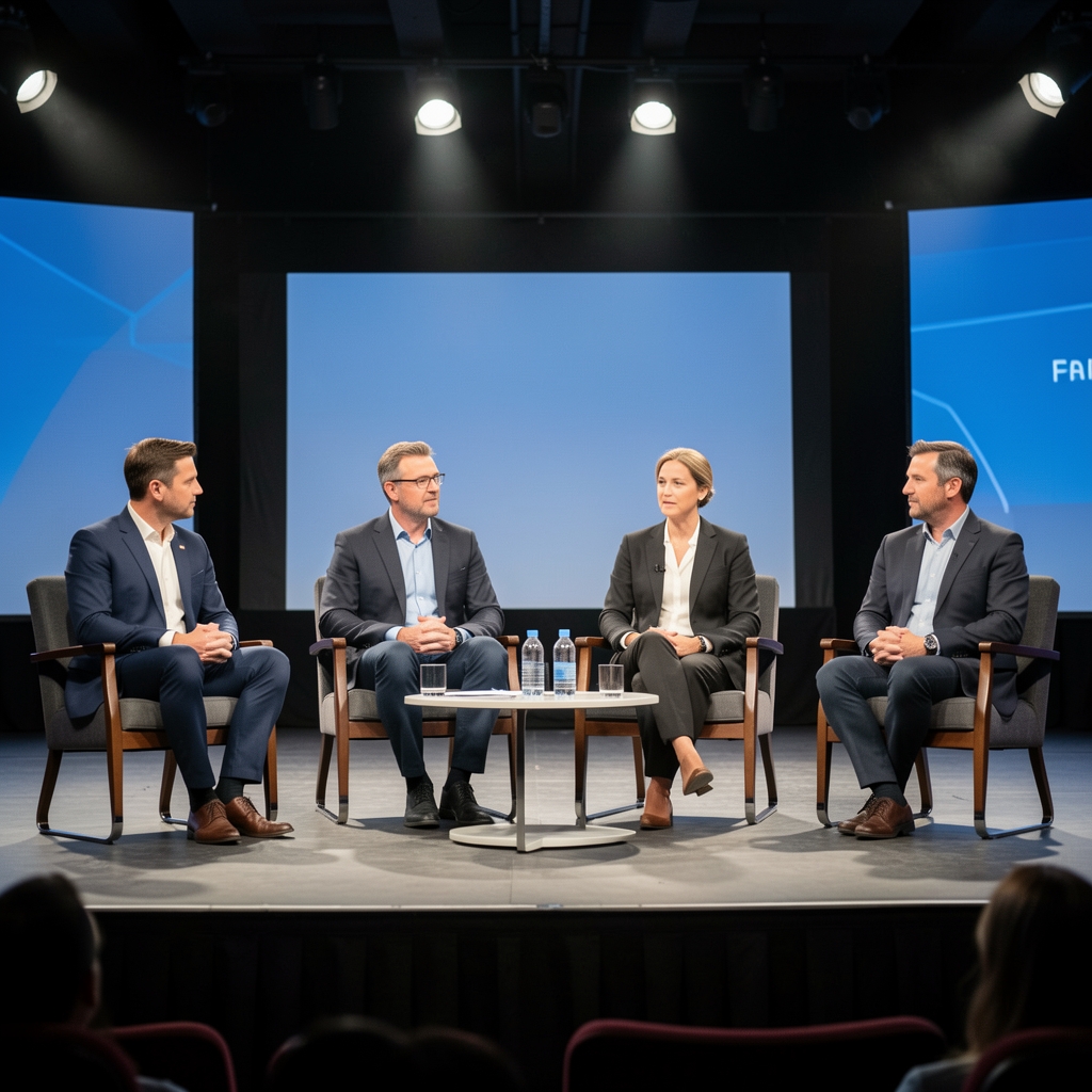 Panel de cuatro periodistas sentados en sillas en un escenario iluminado durante un debate sobre ética mediática