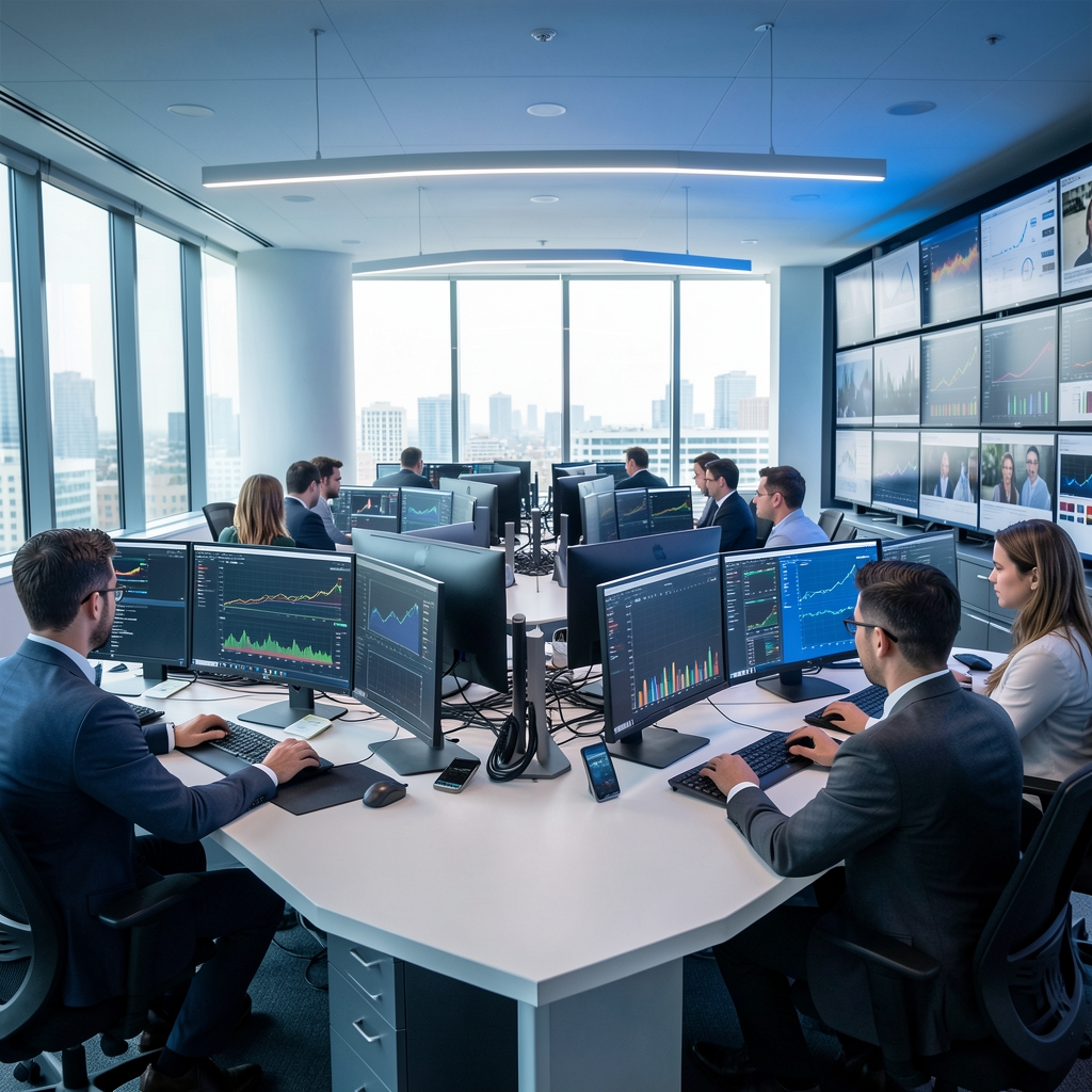 Sala de redacción moderna con periodistas trabajando frente a múltiples pantallas con datos y noticias en tiempo real, iluminación azul corporativa