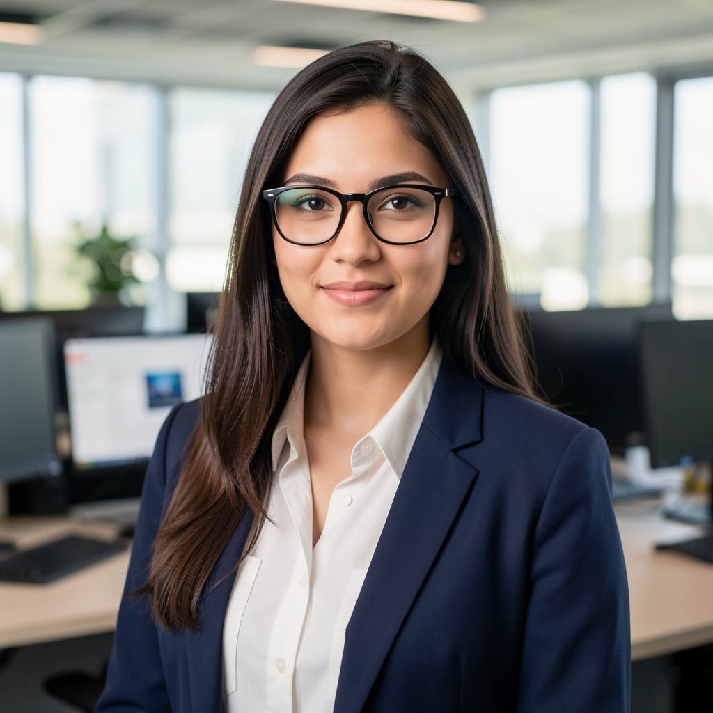 Retrato profesional de Camila Restrepo, periodista de tecnología, mujer joven con lentes en sala de redacción moderna