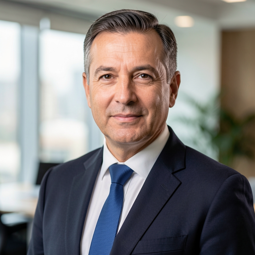 Retrato profesional de Pablo Echeverría, director editorial de Beltavo, hombre de mediana edad con traje oscuro en oficina