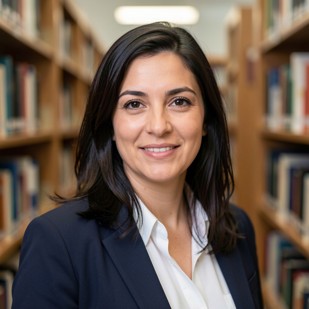 Retrato profesional de Lucía Fernández, investigadora de medios, mujer con cabello oscuro en biblioteca universitaria