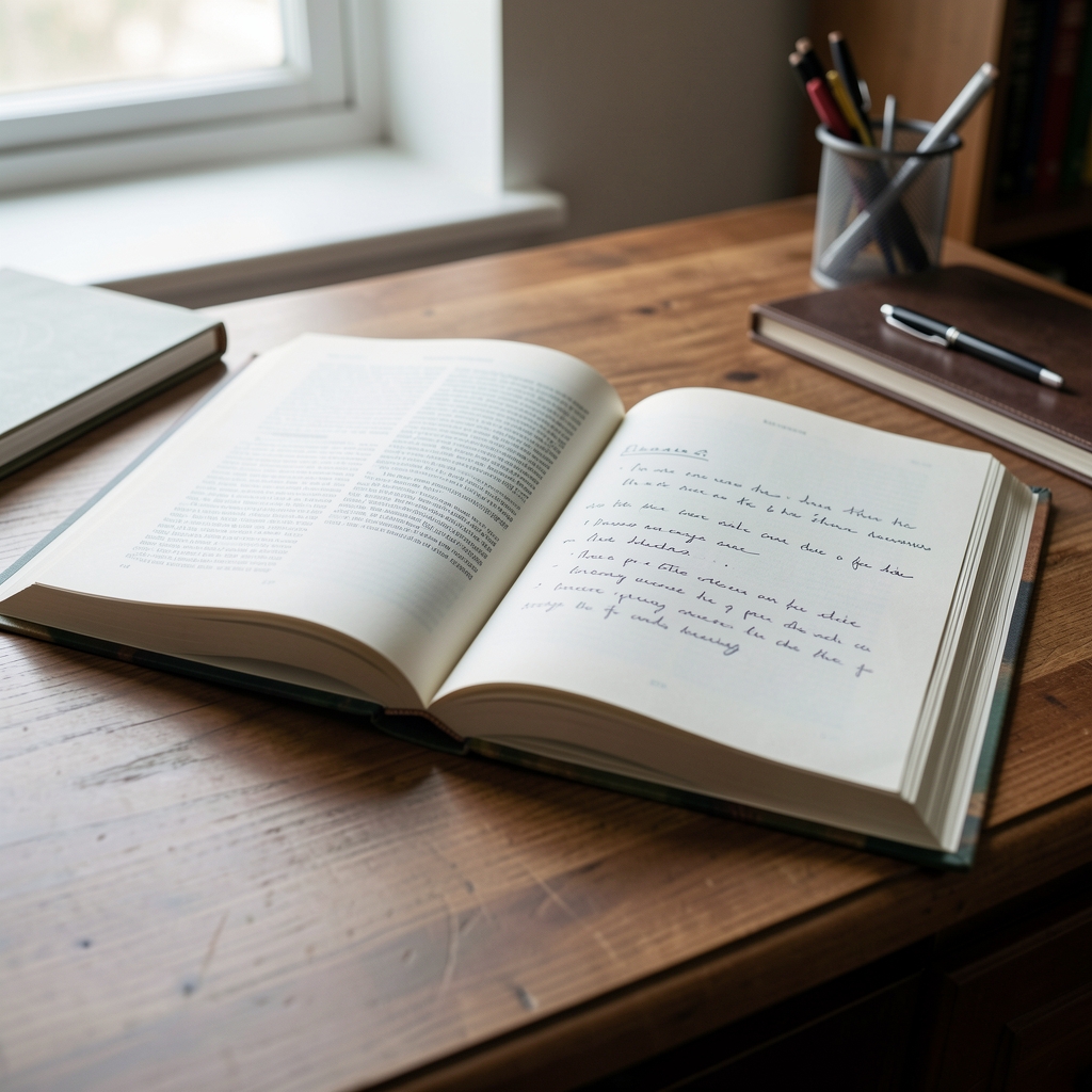 Libro de ética periodística abierto sobre escritorio con notas manuscritas